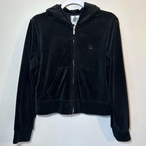 Juicy Couture Black Velour Full Zip Hoodie Jacket Sz Lg Pockets Y2K